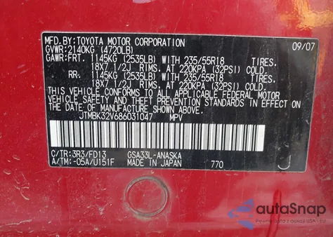2008 Toyota Rav4 Sport V6 from USA, damaged, VIN JTMBK32V686031047
